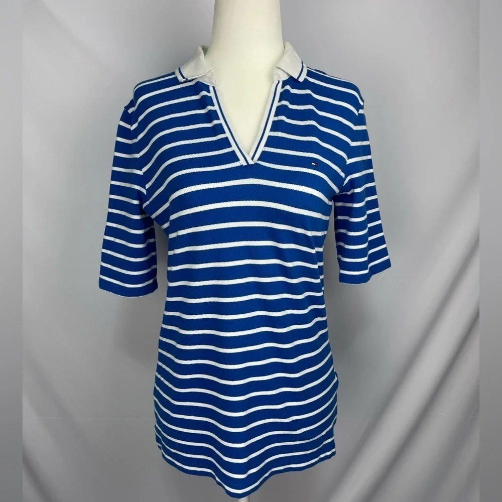 Tommy Hilfiger polo shirt open V-neck white and blue stripes women’s size S - Picture 3 of 17
